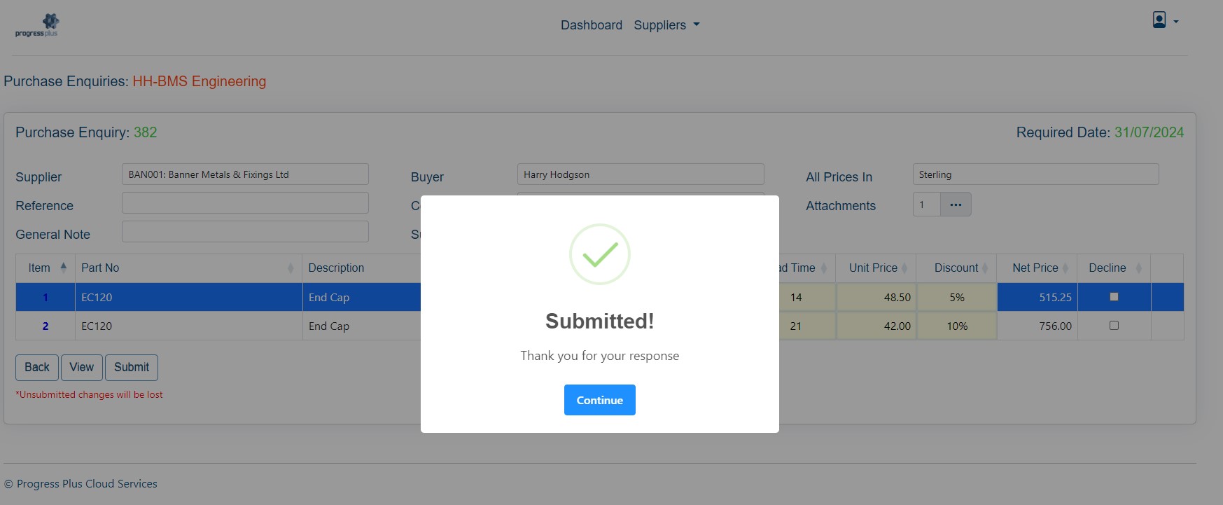 Portal - 4. Purchase Enquiry Response after Submitting